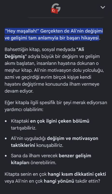 Google AI Bakışı Ali Değişmiş ve HEY MAŞALLAH kitabı hakkında arama sonucu